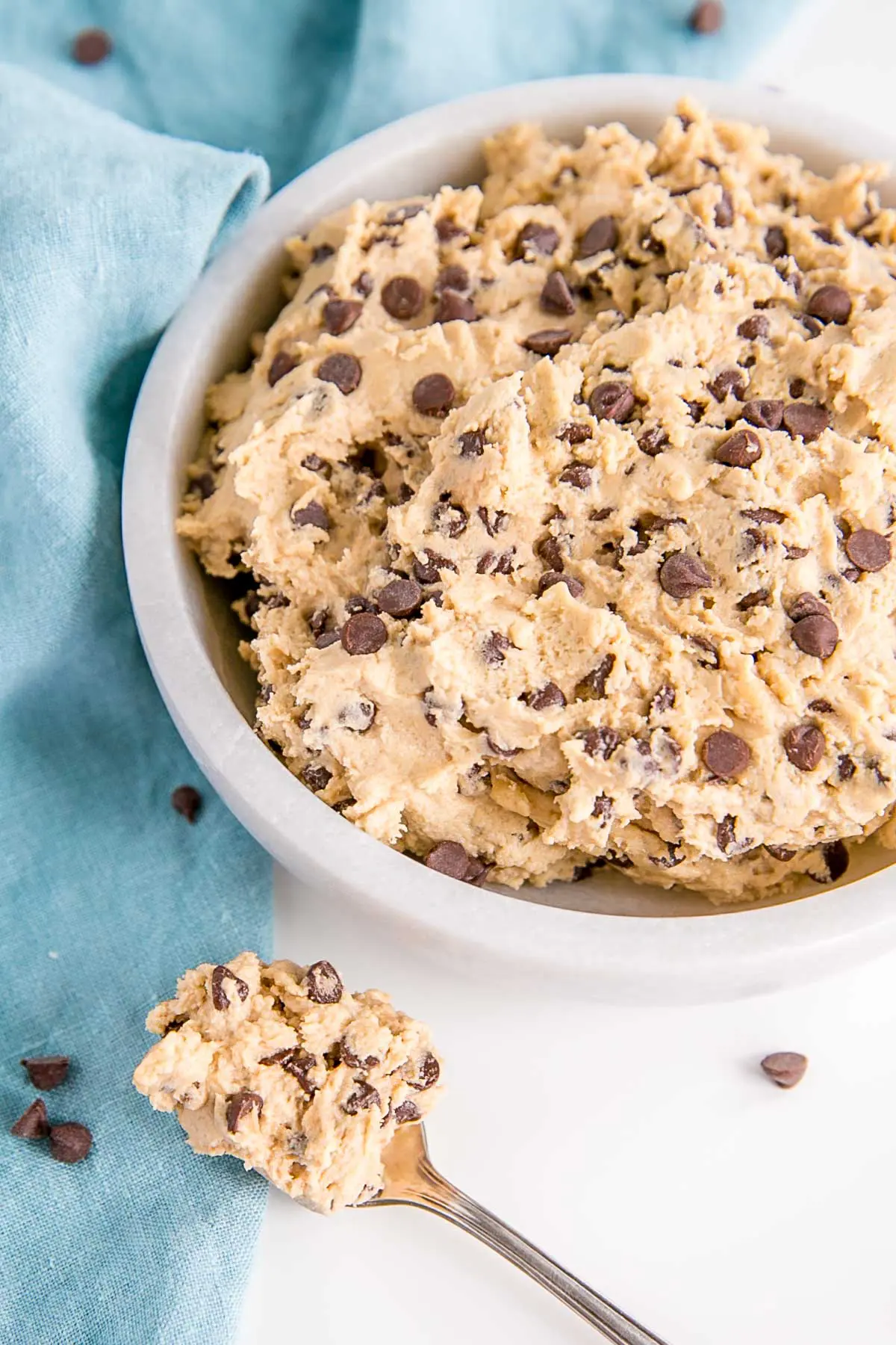 Angled photo of cookie dough in a bowl