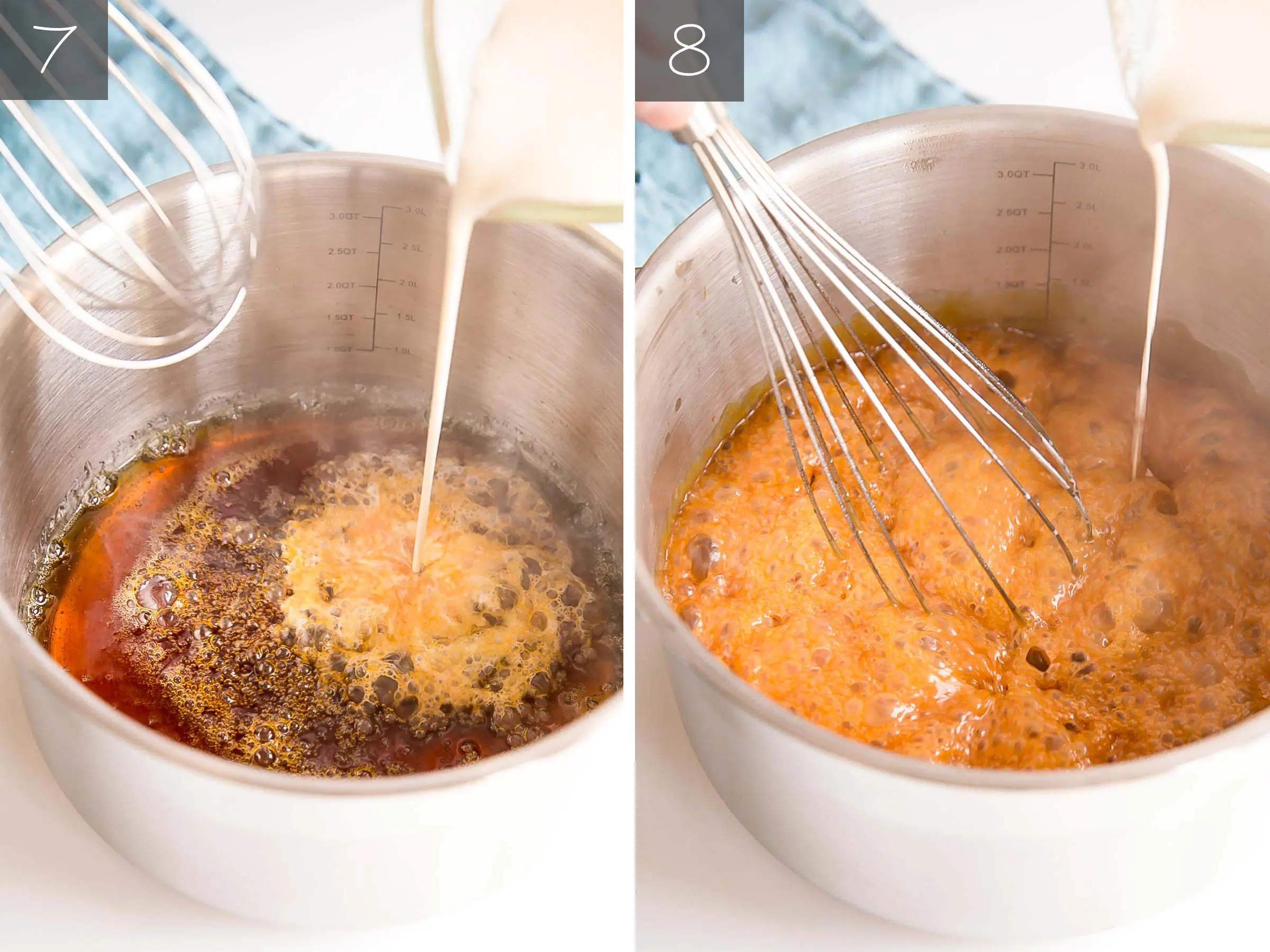 Side by side photos -- Pouring in the heavy cream and whisking while it bubbles up.