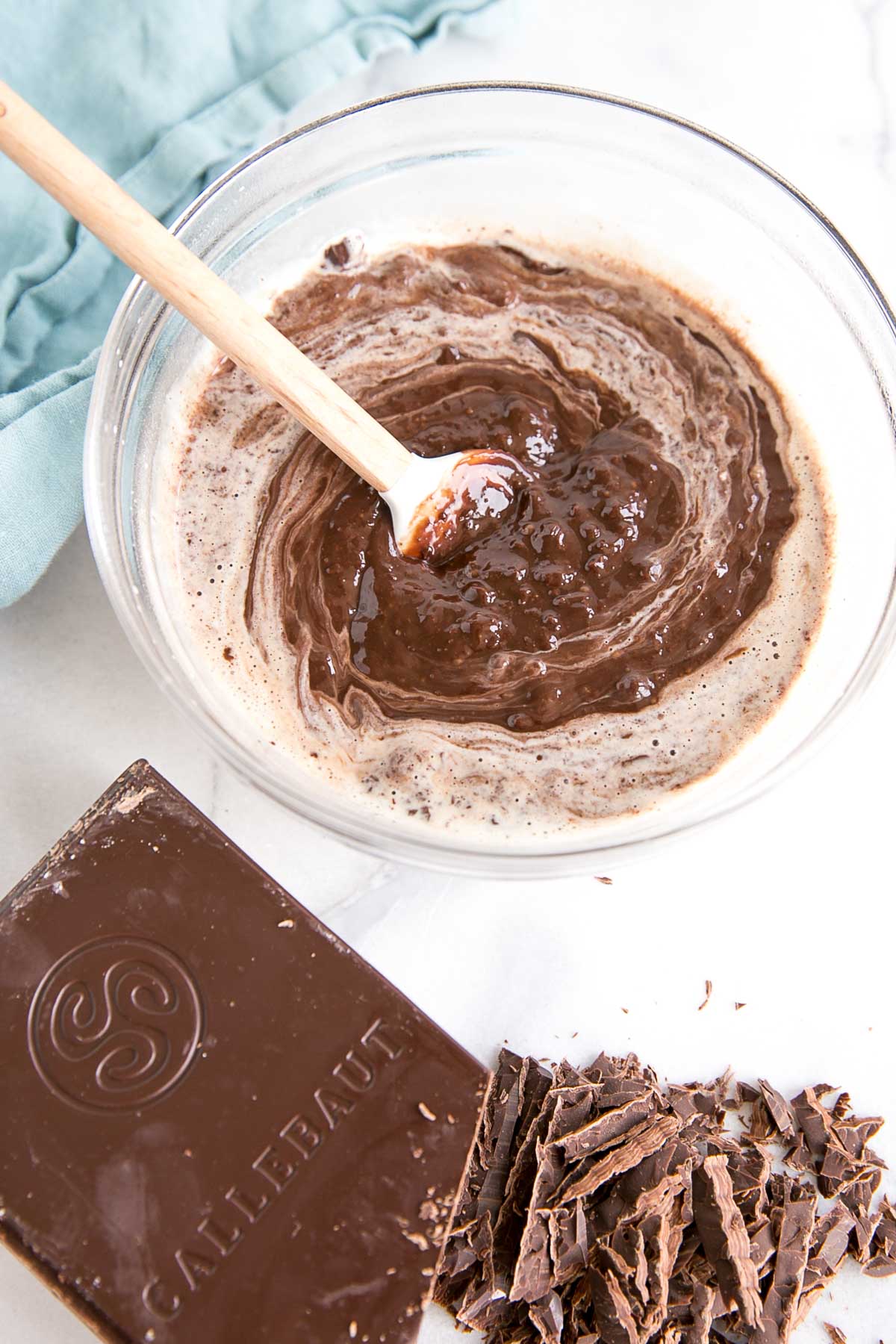 The ganache starting to come together while stirring.