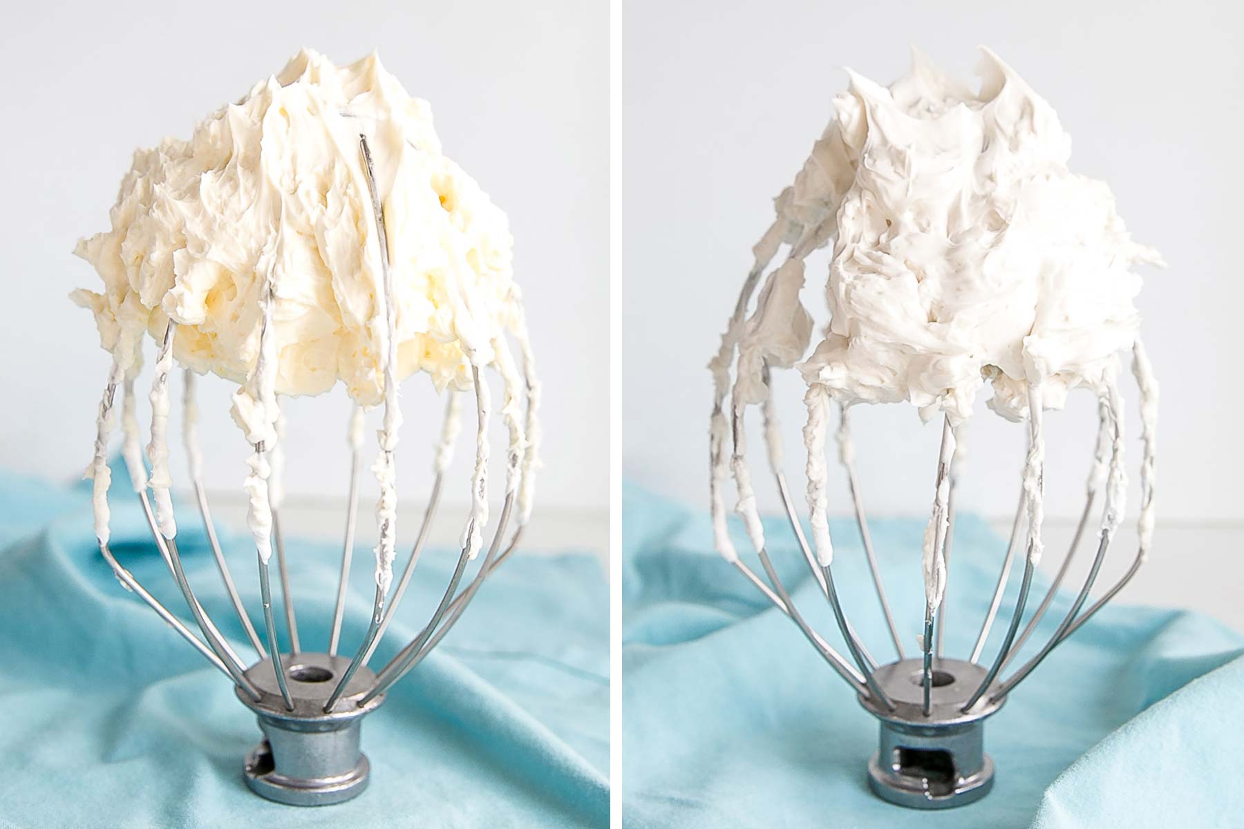 Side by side shot of frosting on a whisk. Before on the left with a yellow tinted buttercream and After on the right with a white buttercream.