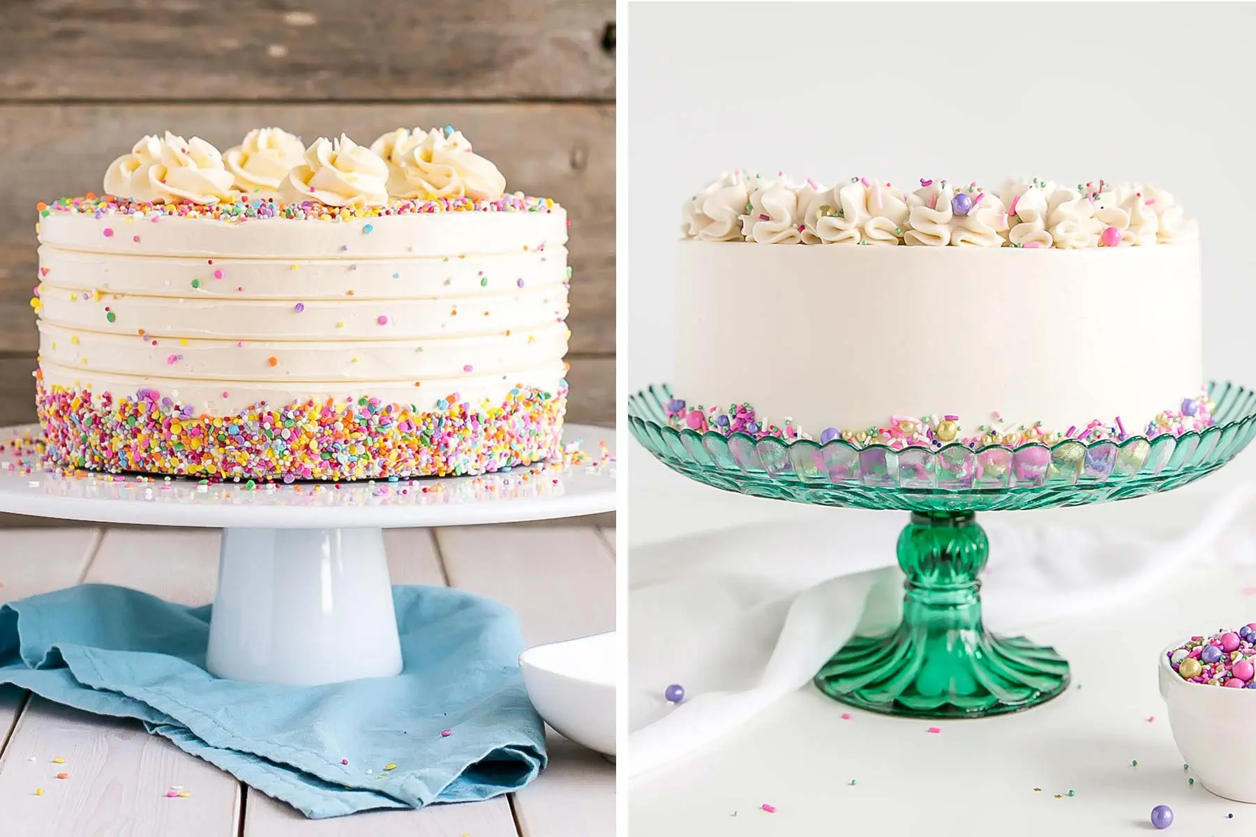 Before & After side by side. Cake on the left with a yellow tinted buttercream. Cake on the right with a white buttercream.