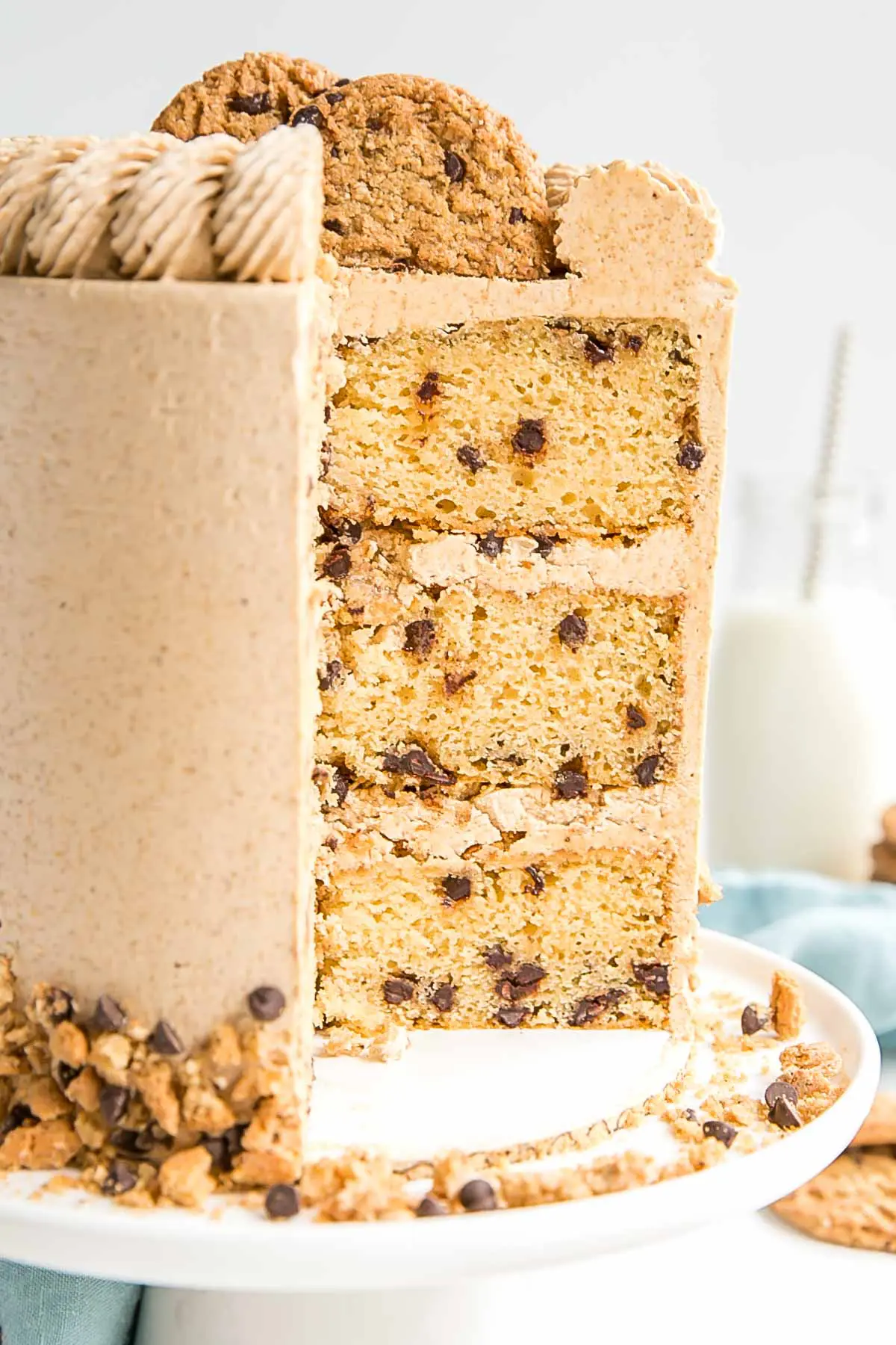 Cross-section of the cake showing the chocolate chip studded cake layers.