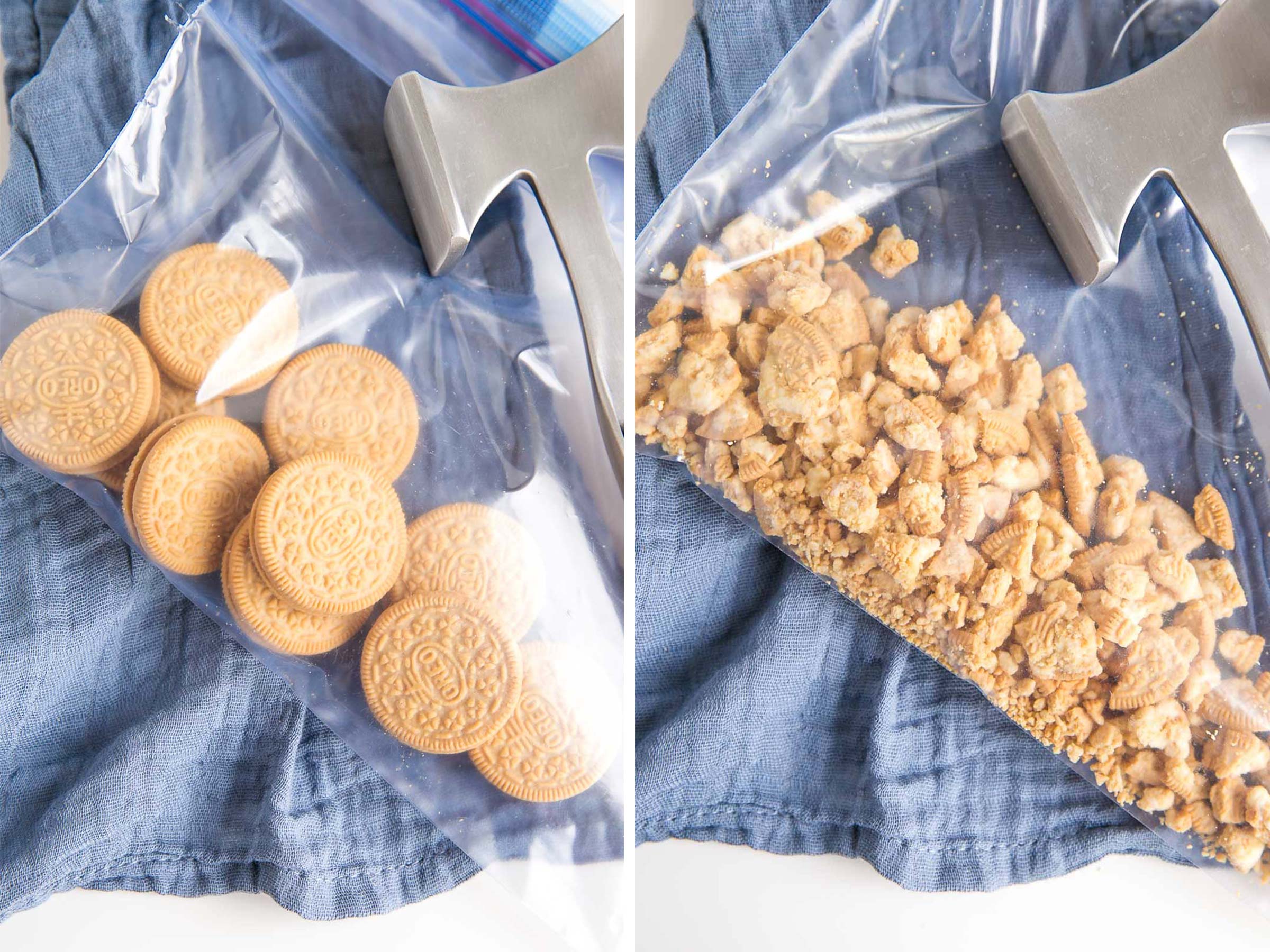 Side by side of cookies in a ziploc bag - whole and crushed.