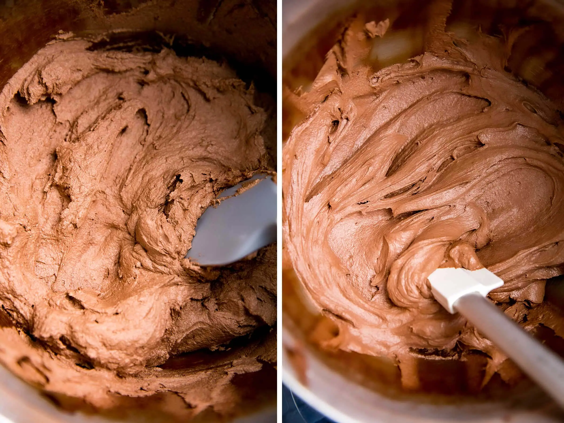 Side by side. Grittier buttercream on left. Smoother buttercream on right.