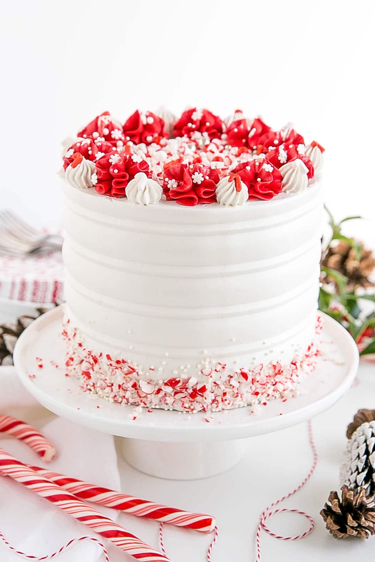  Plan incliné du gâteau avec des cannes de bonbons et des pommes de pin comme accessoires.